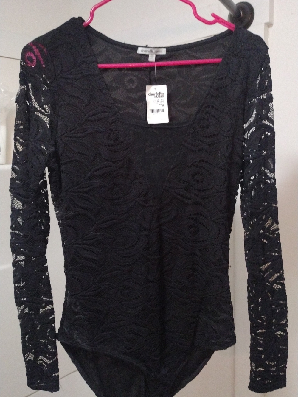 Charlotte Russe Black Lace V-Neck Long Sleeve Bodysuit